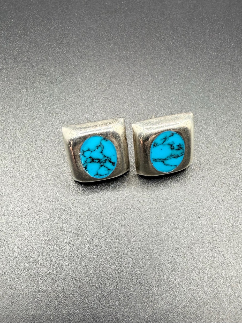 Vintage 925 Sterling Silver Turquoise Square Stud Earrings 9 Grams Jewelry